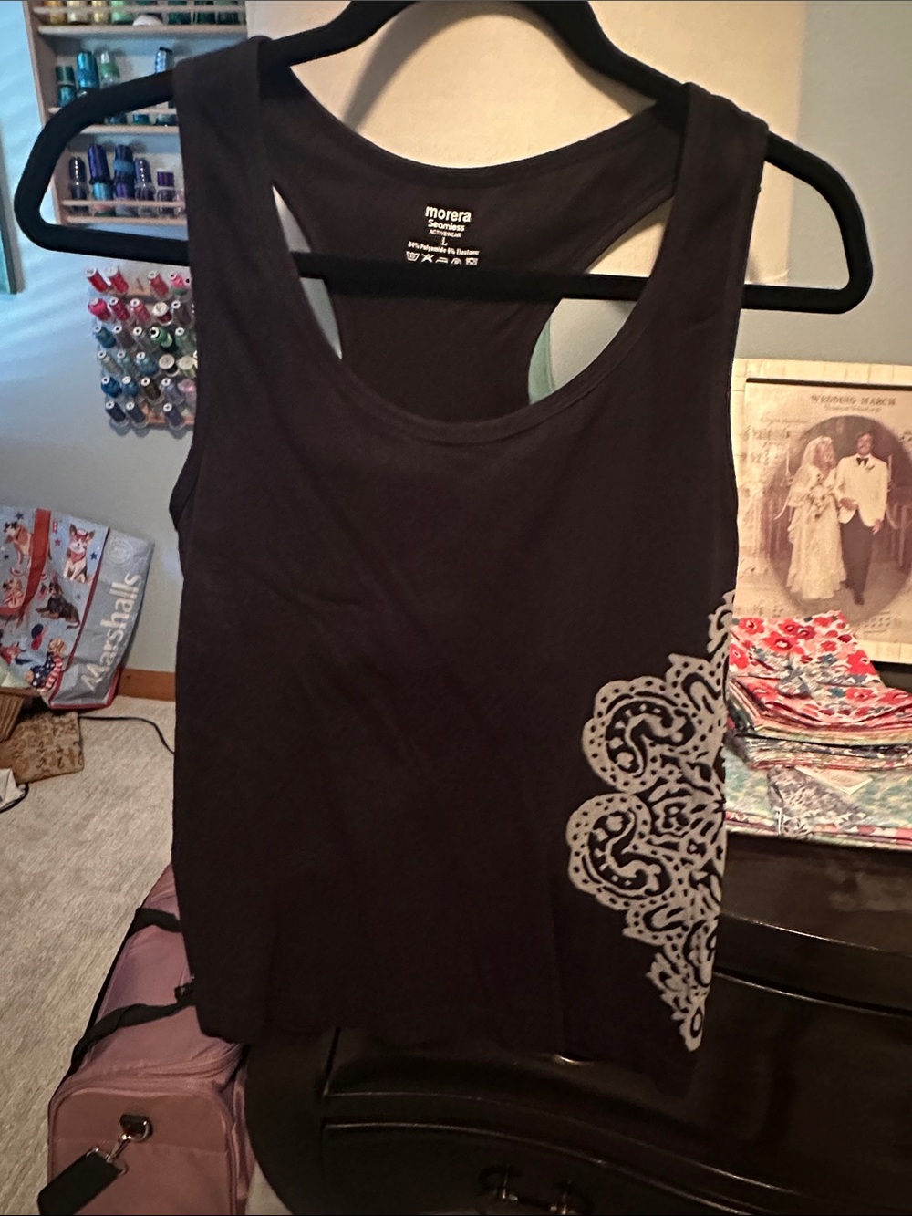 Morera Black Racerback Tank with grey Lace-Style Side Print